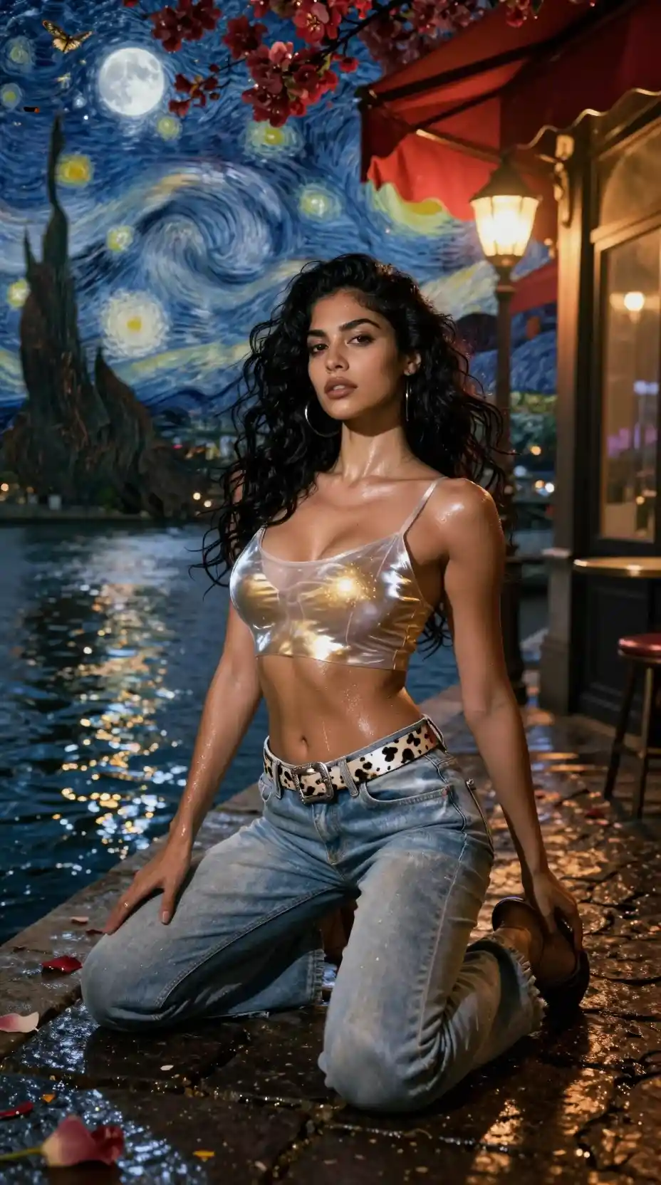 Latina dancer kneeling on wet Parisian riverside cobblestones