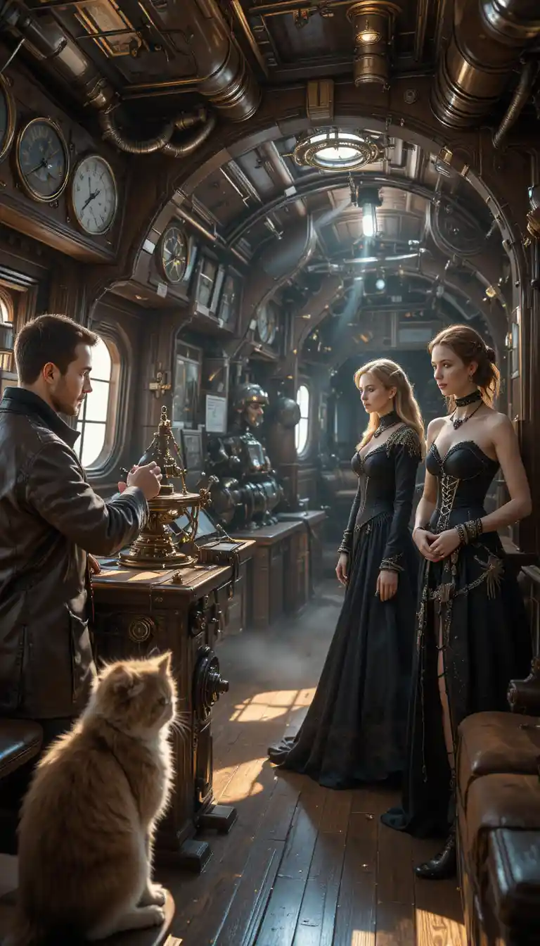 Steampunk airship bridge with crew at the controls