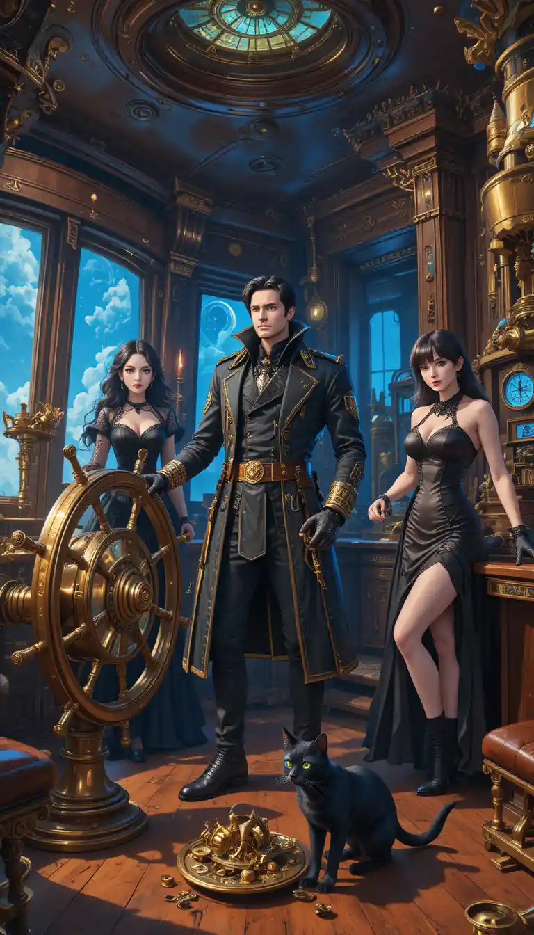 Steampunk airship bridge with captain crew and automaton