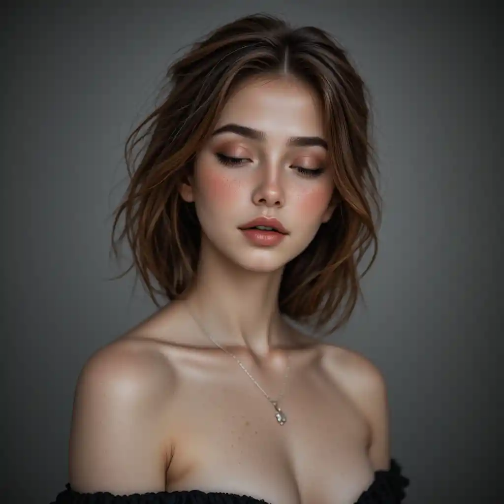 Young woman with auburn hair in serene studio portrait