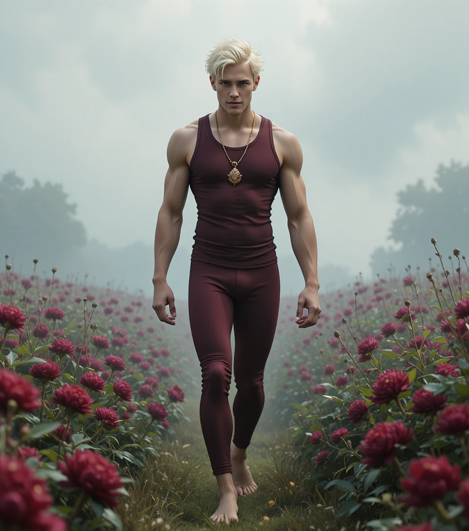 Barefoot blond young man walking through foggy flower field