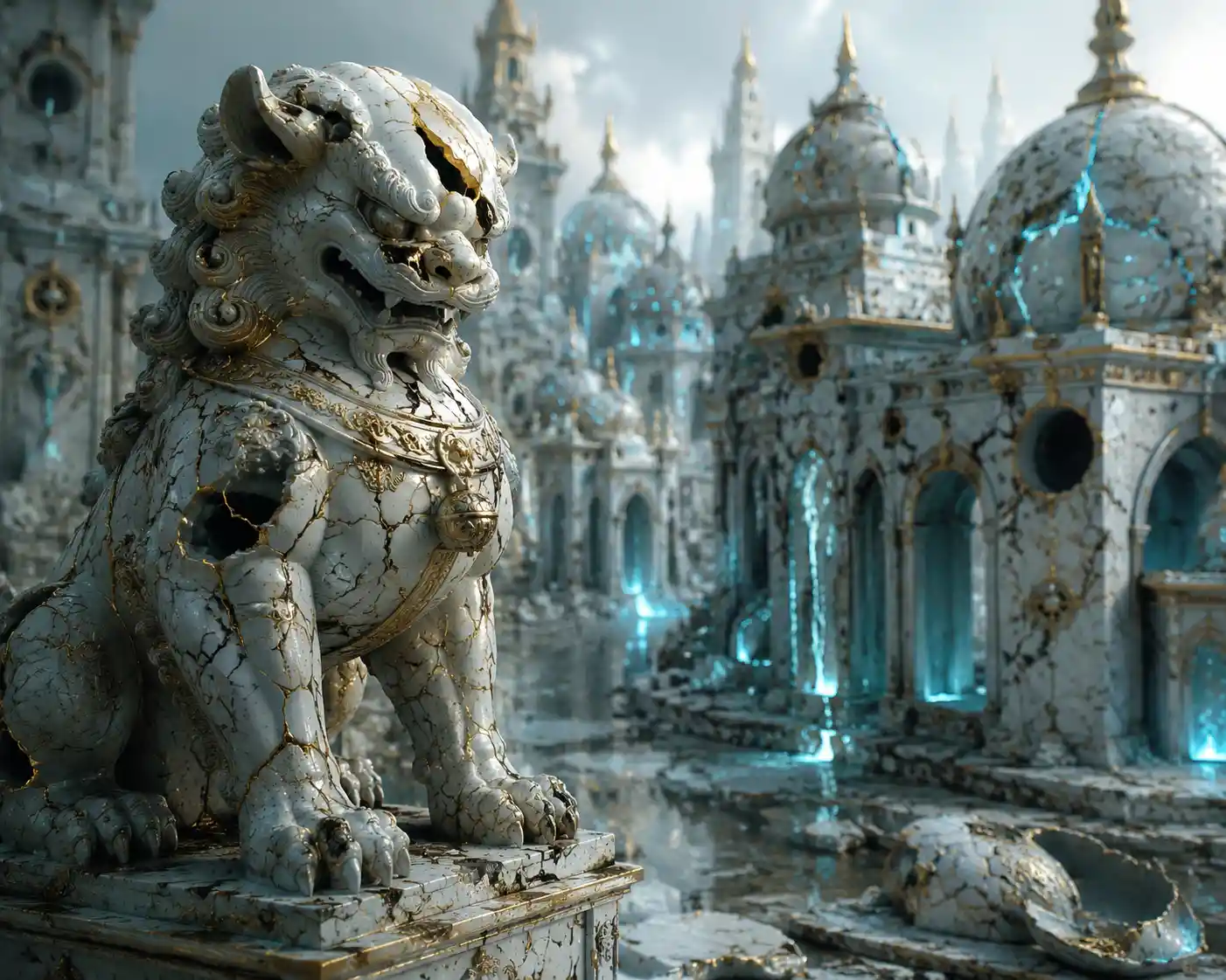 Porcelain fantasy city with glowing cracks and guardian statue