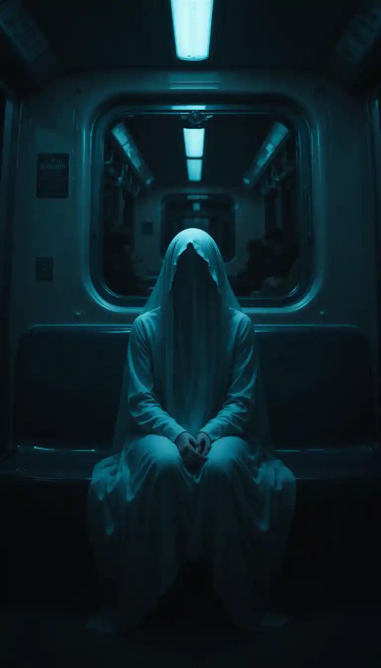 Ghostly woman seated alone in a dark subway carriage
