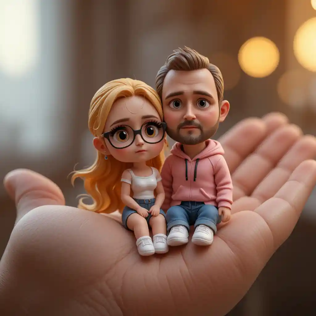 Cute 3D chibi couple sitting together in a hand