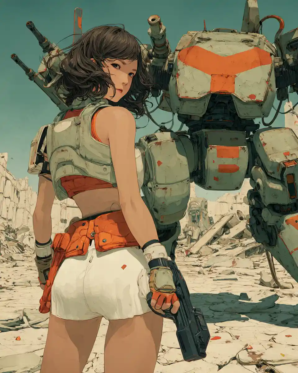 Anime sci fi woman with mech in harsh desert sun
