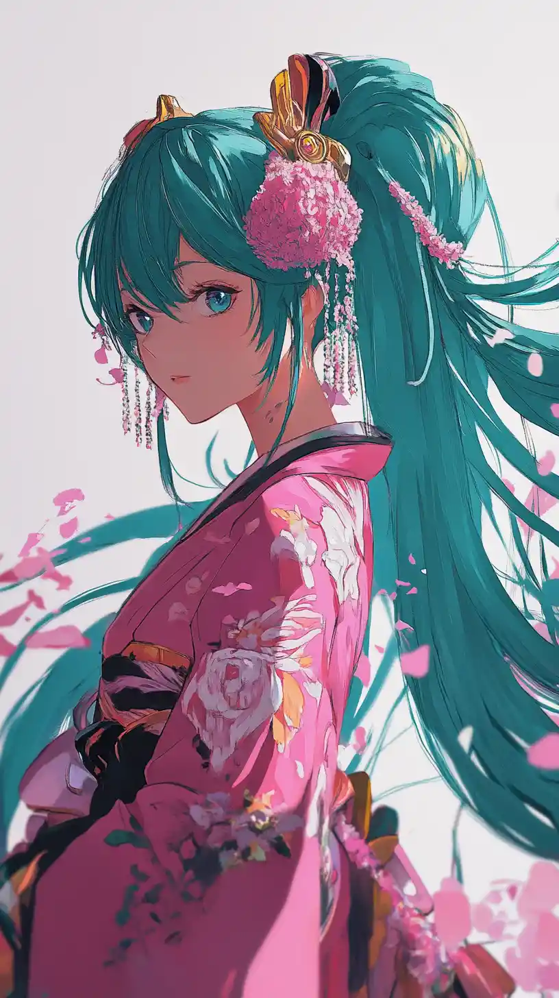 Anime girl in pink kimono with flowing turquoise hair