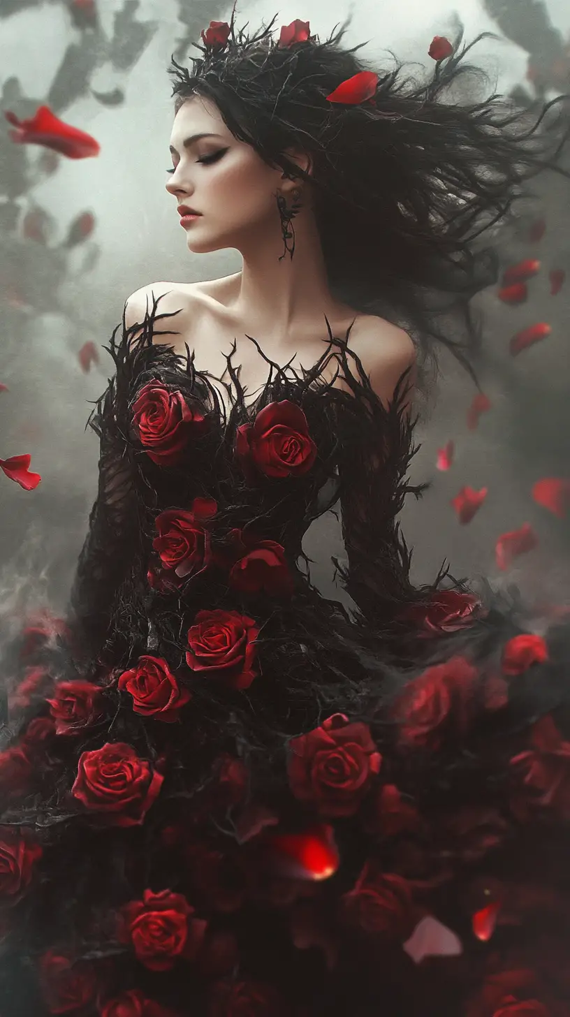 Fantasy woman in a gown of roses and thorns