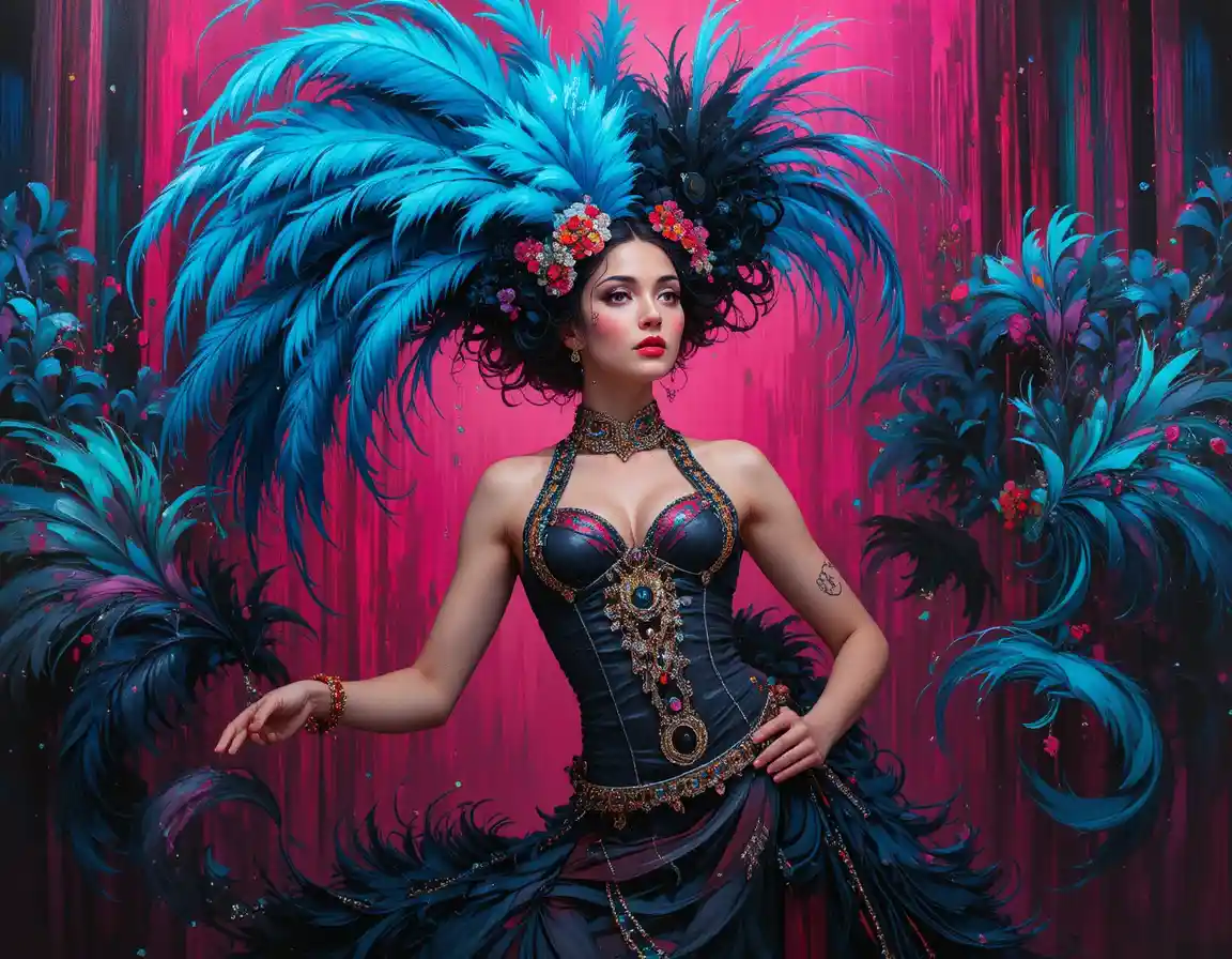 Cabaret dancer in feathered headdress and leather harness