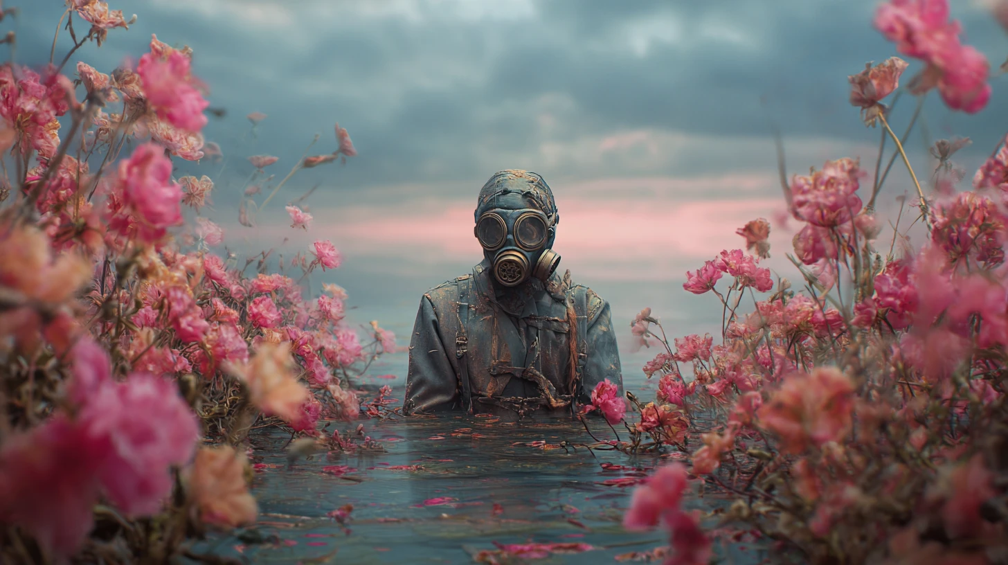 Surreal humanoid in gas mask in toxic dystopian landscape
