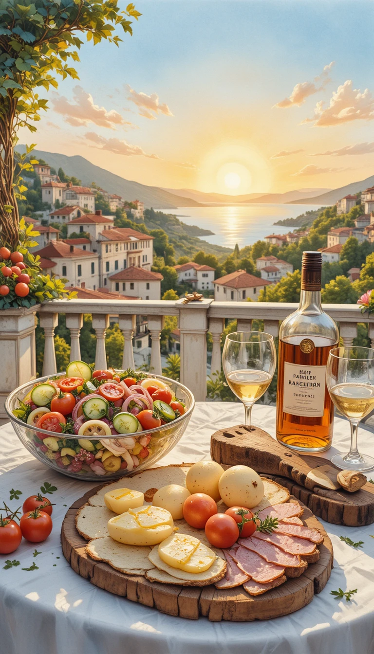 Watercolor terrace meal at sunset above a quiet village