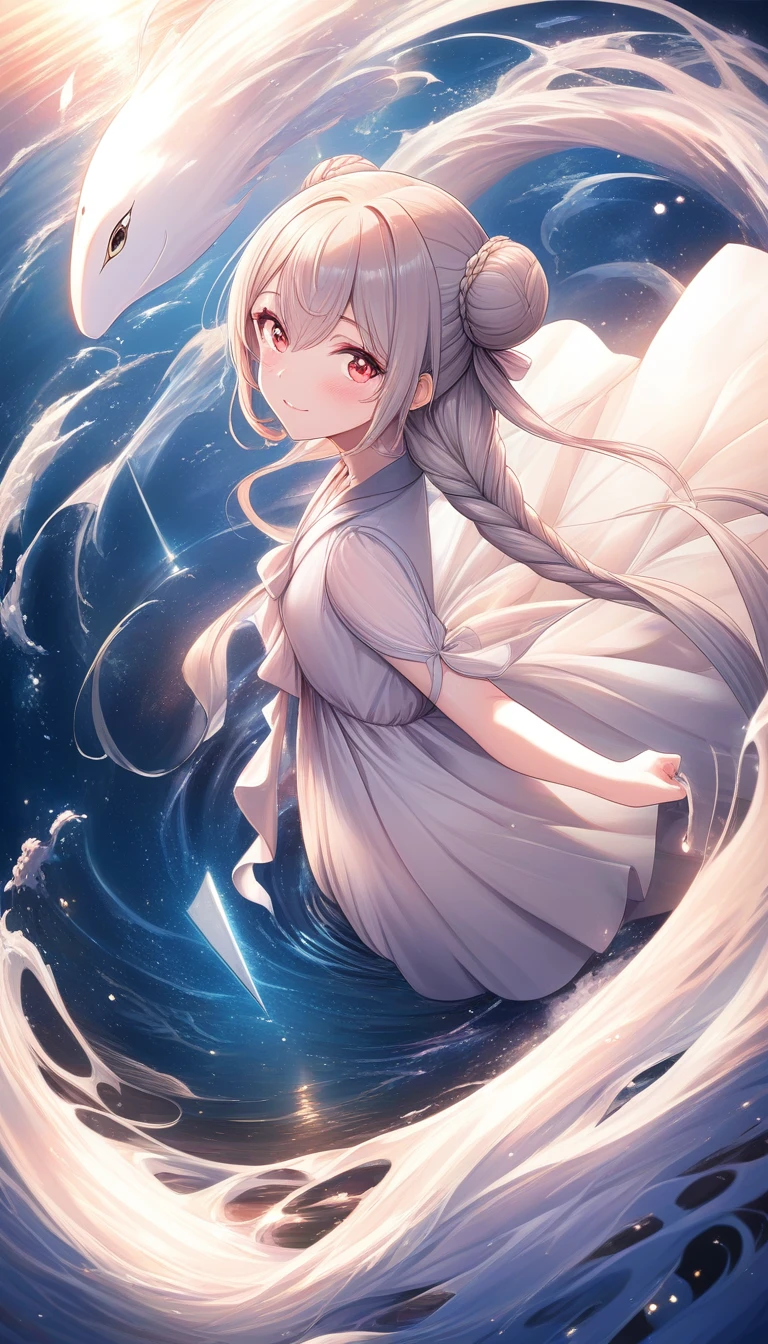 Anime-Mädchen steht unter klarem Sonnenaufgangshimmel im Freien