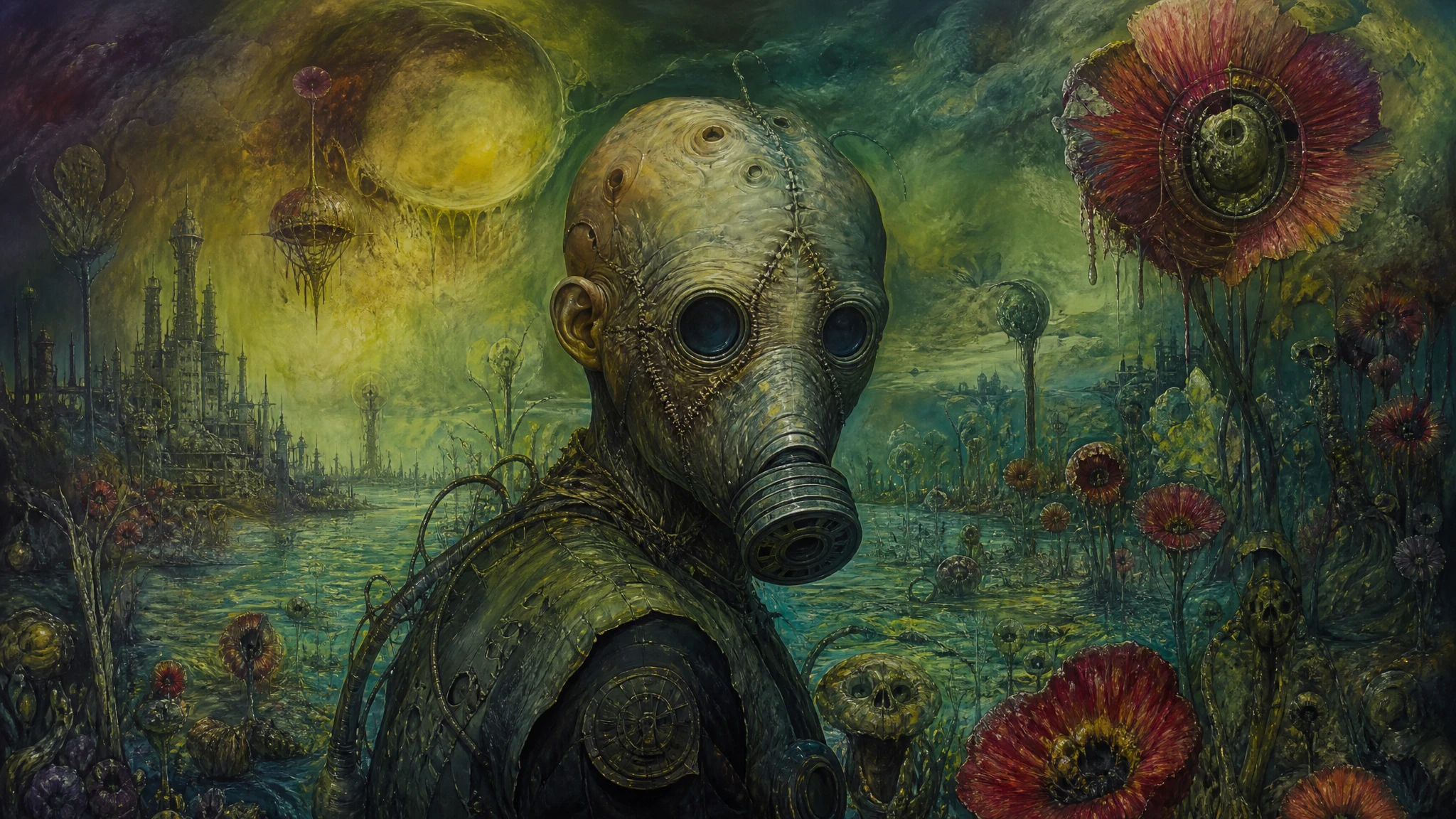 Surreal humanoid with gas mask in toxic dystopian landscape