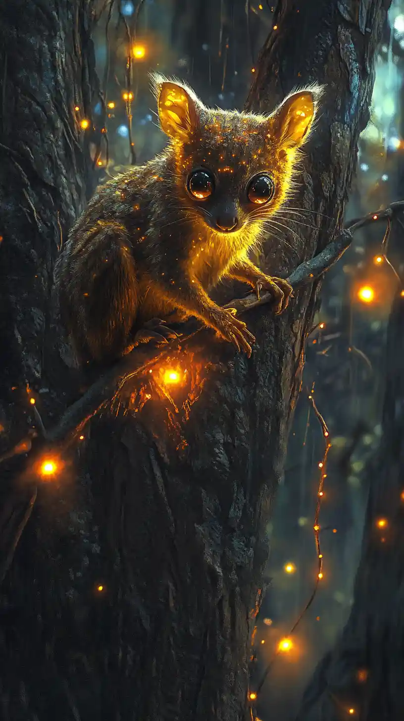 Yellow bellied glider sipping glowing sap in forest