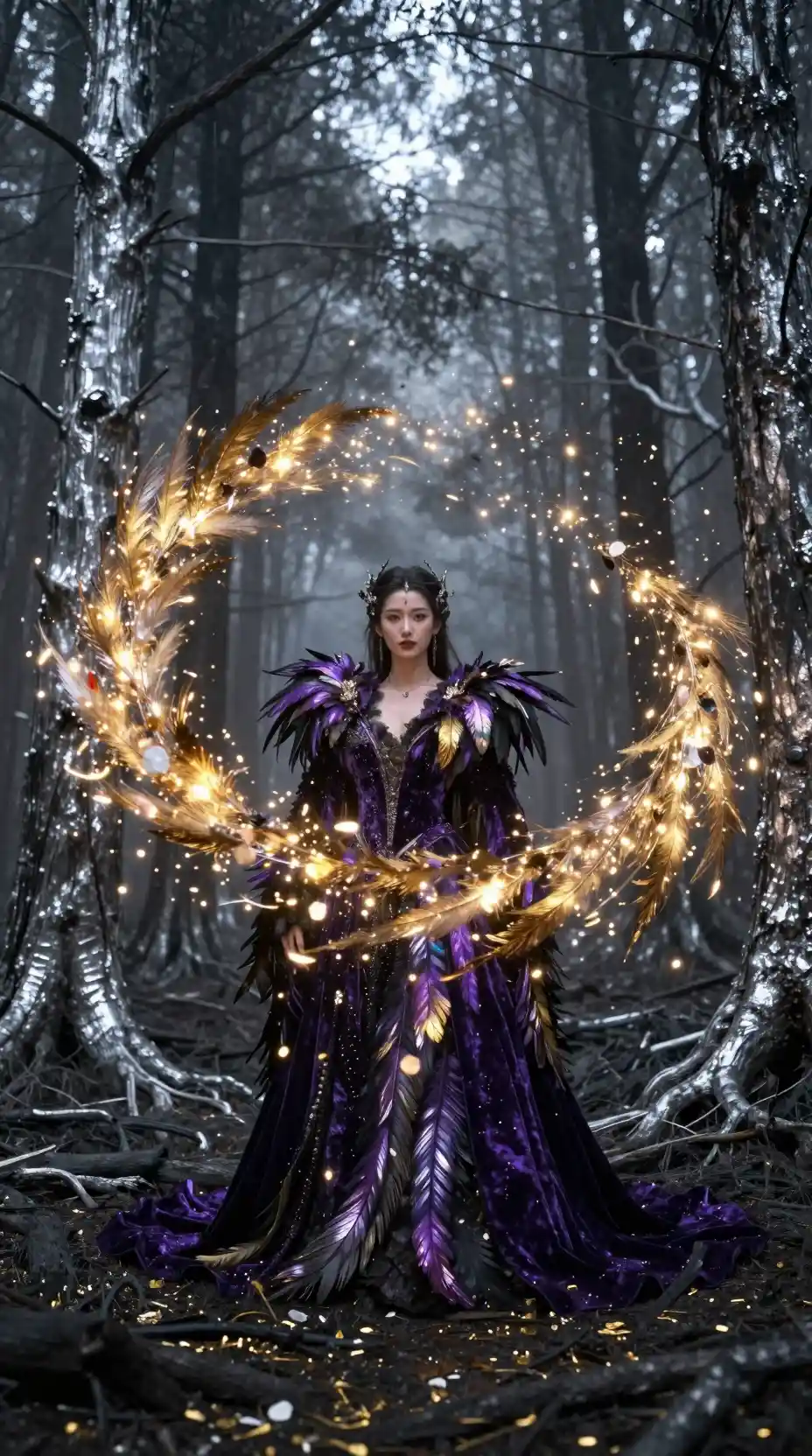 Regal woman in glowing feathers amid charred silver forest