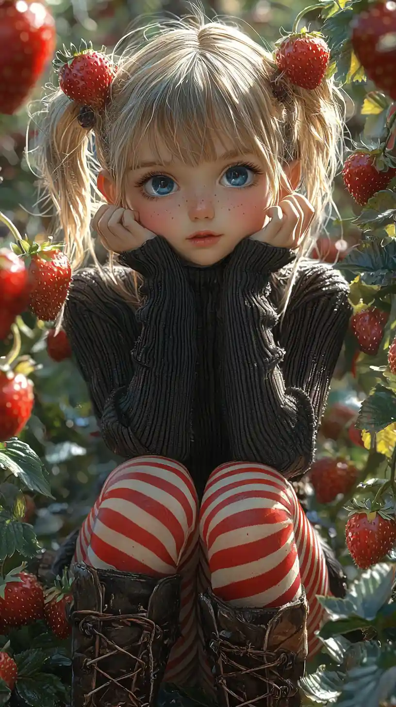 Dreamy girl resting amid lush strawberry plants