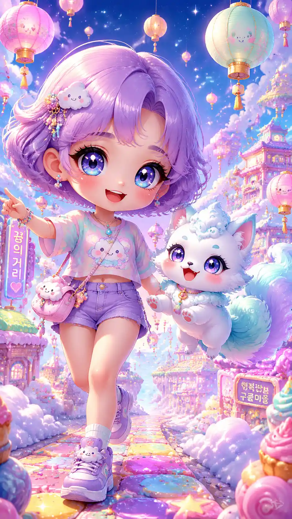 Cute anime girl with cloud fox in candy sky city