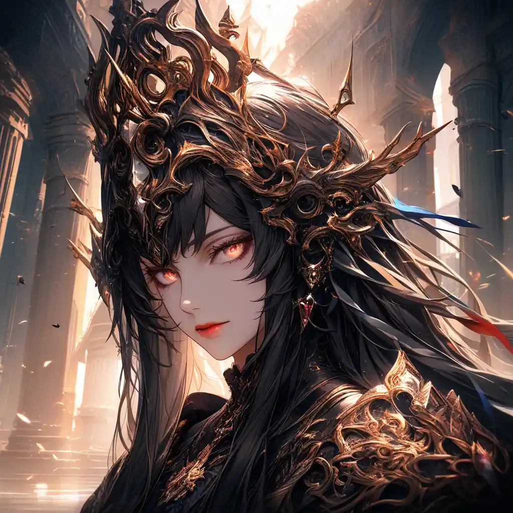 Regal dark fantasy portrait of a distant crowned woman