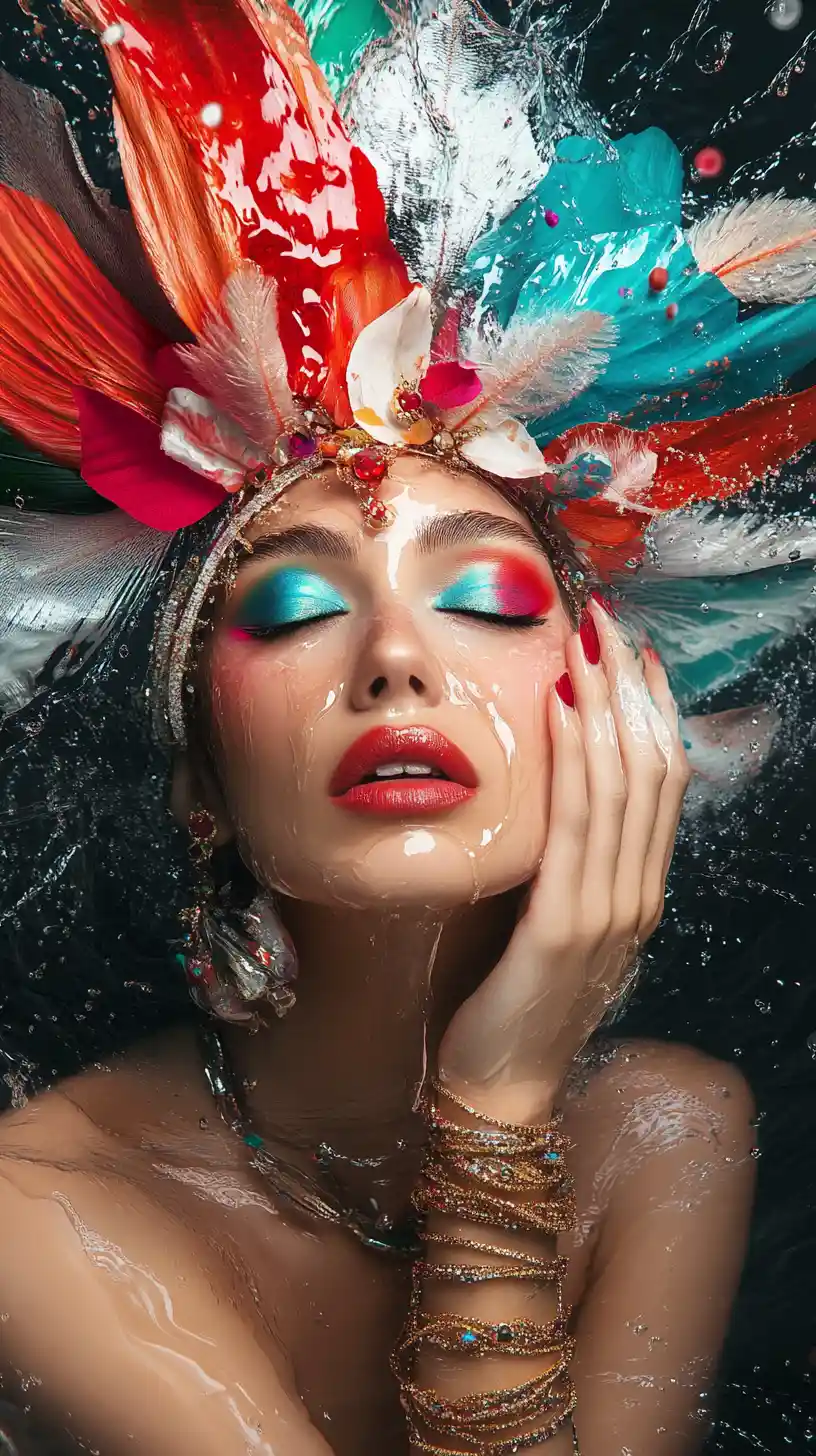 Fantasy woman with vibrant makeup rising from dark water