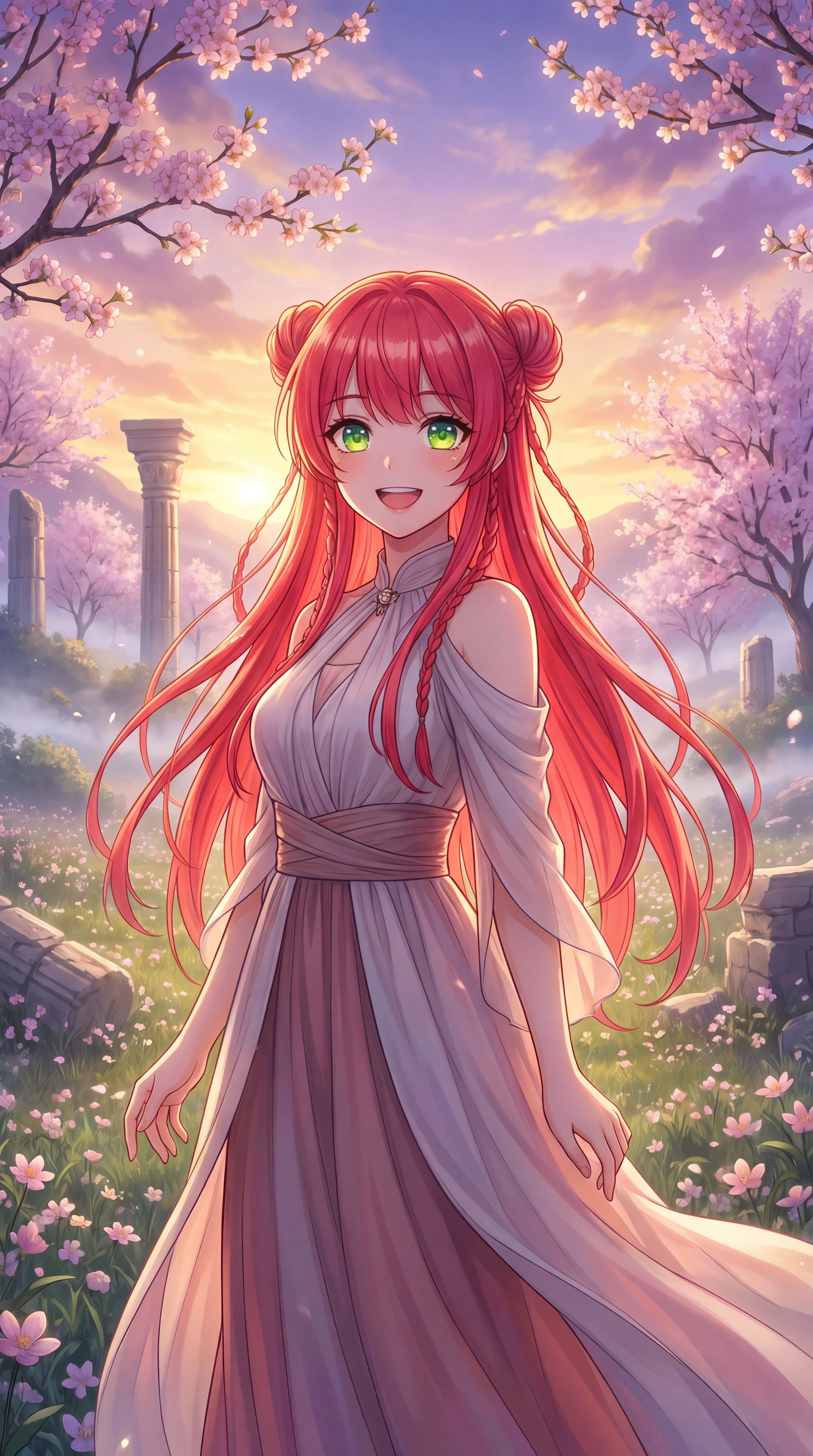 Anime girl standing at sunrise in a serene outdoor scene