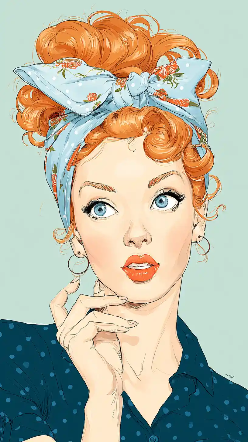 Vintage red haired woman portrait with blue floral scarf