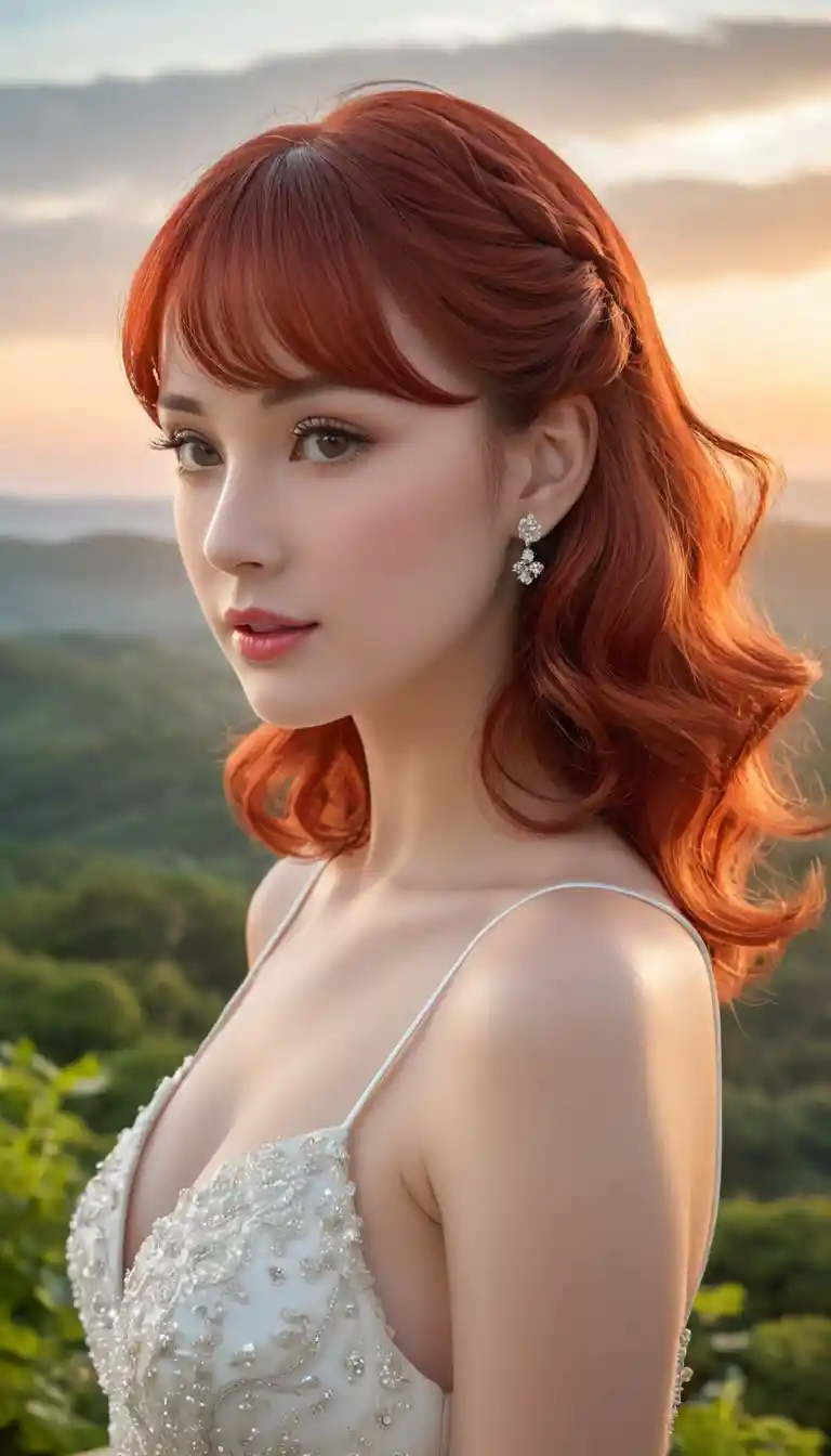 Anime girl standing outdoors at sunrise in natural scenery