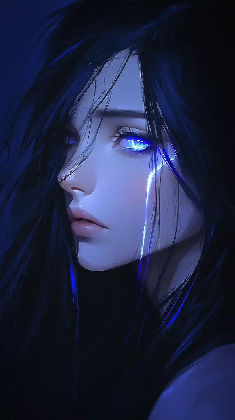 Melancholic anime woman in neon blue close up portrait