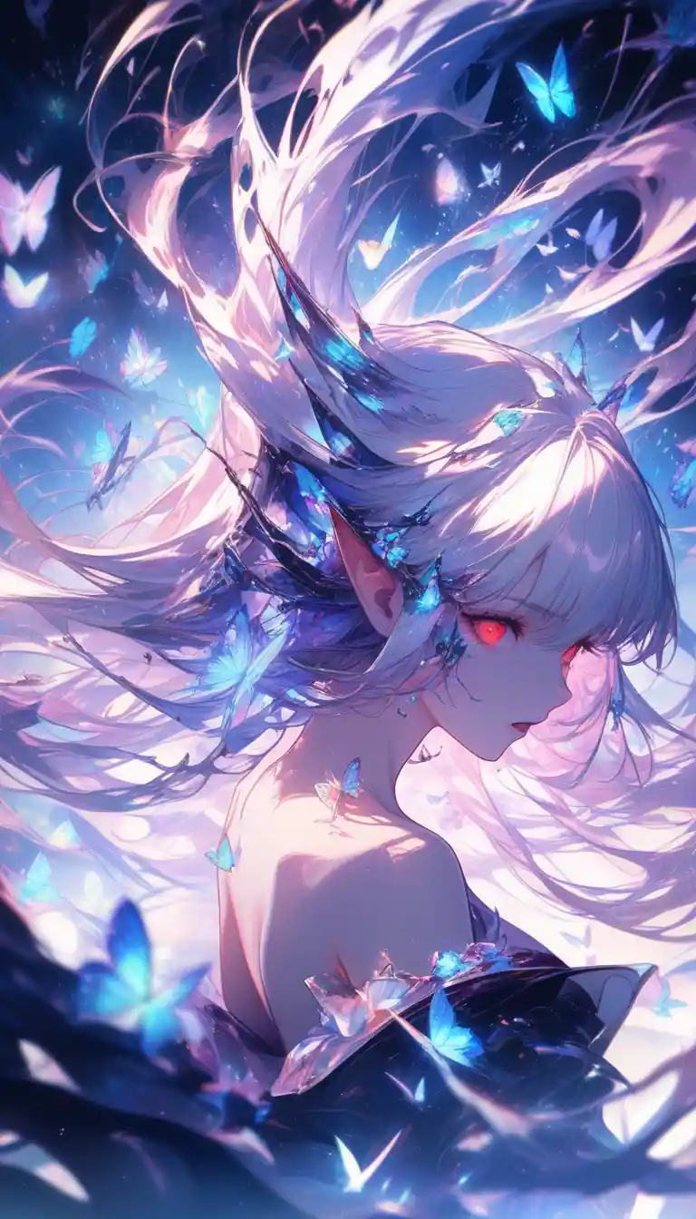 Ethereal anime woman with white hair and jewelry