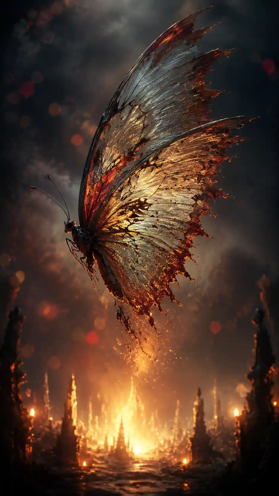 Tattered translucent butterfly rising through a dark surreal sky