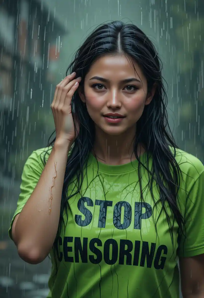 Angry woman in green t shirt shouting in sudden rain