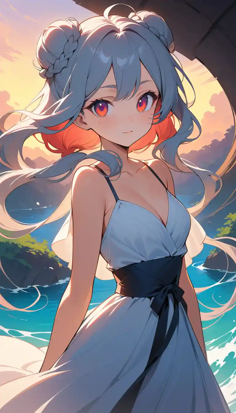 Anime girl with flowing red hair at sunrise outdoors