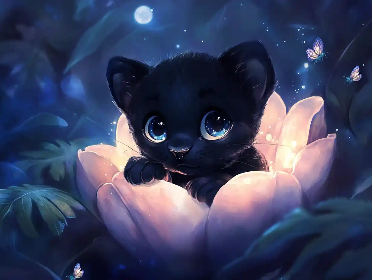 Baby panther cub inside a glowing enchanted flower