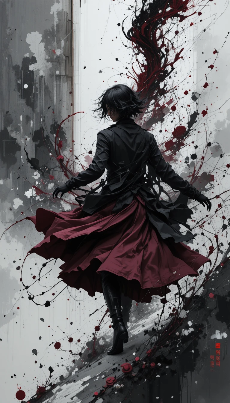 Abstract black and burgundy dynamic monochrome graphic artwork