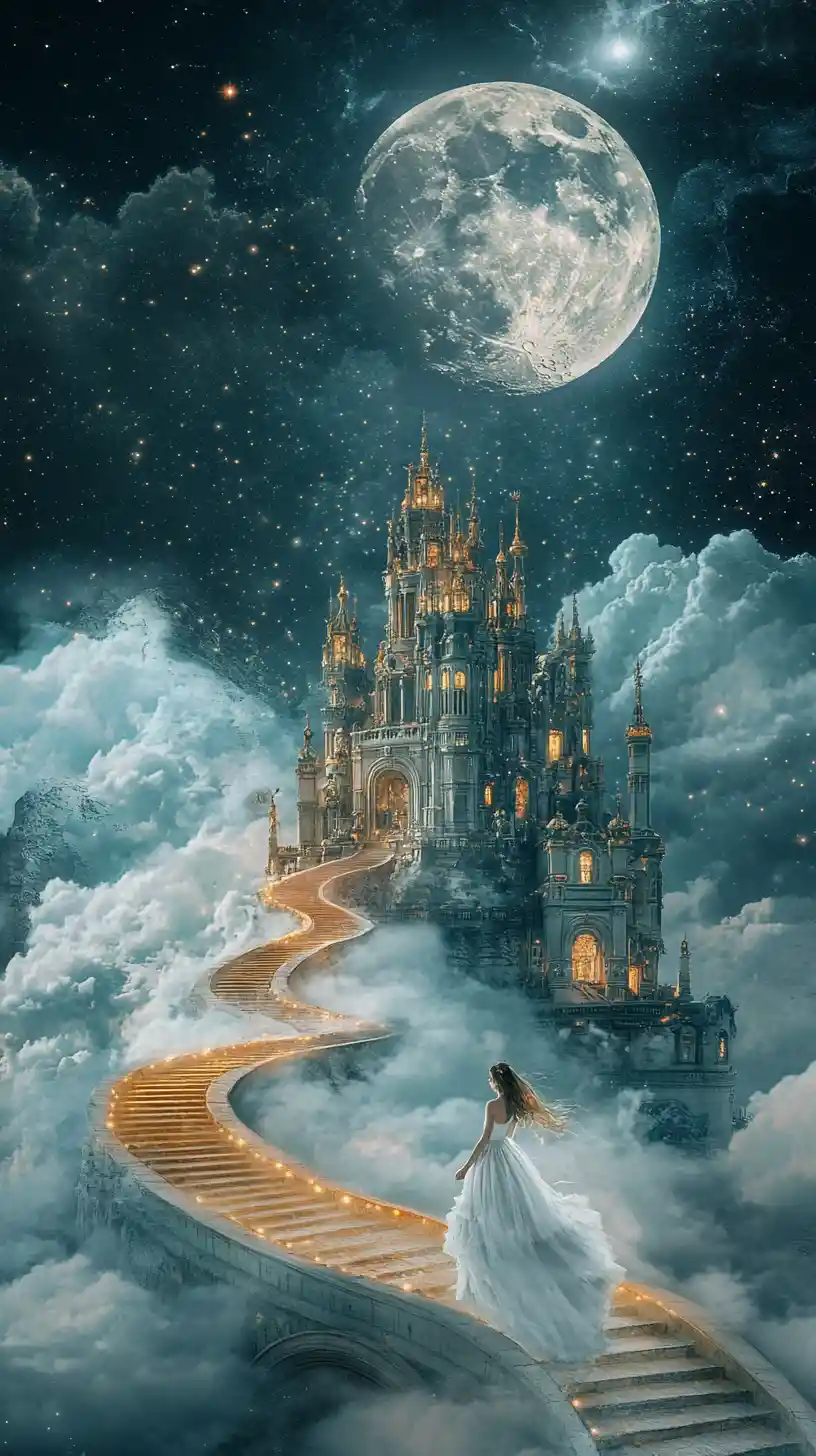 Woman crossing moonlit bridge toward golden cloud palace