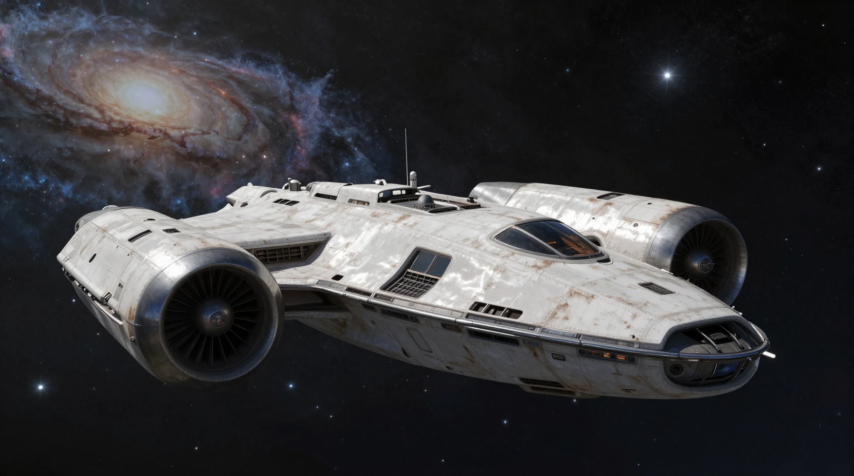 Angular sci fi freighter floating in deep starry space