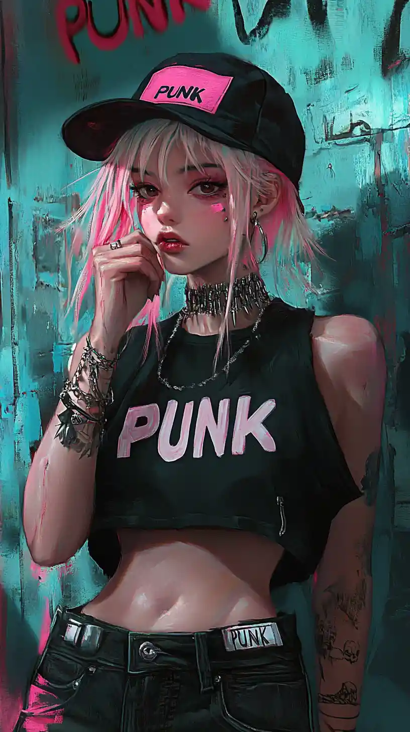 Punk anime girl posing in neon graffiti alley