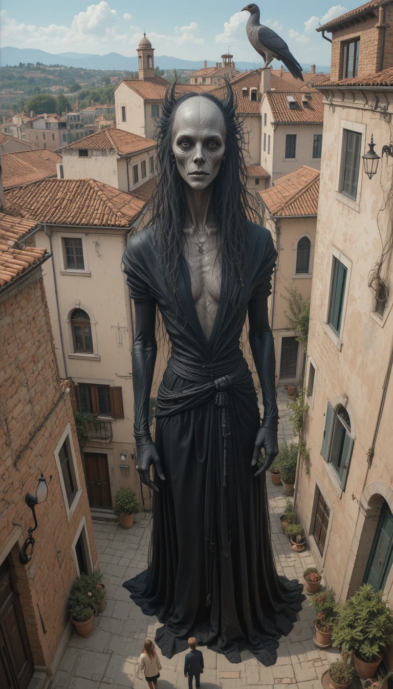 Misteriosa Creatura Fantastica Sopra una Strada Retrò di un Villaggio