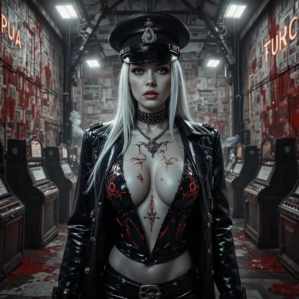 Fierce platinum blonde femme fatale in industrial spotlight