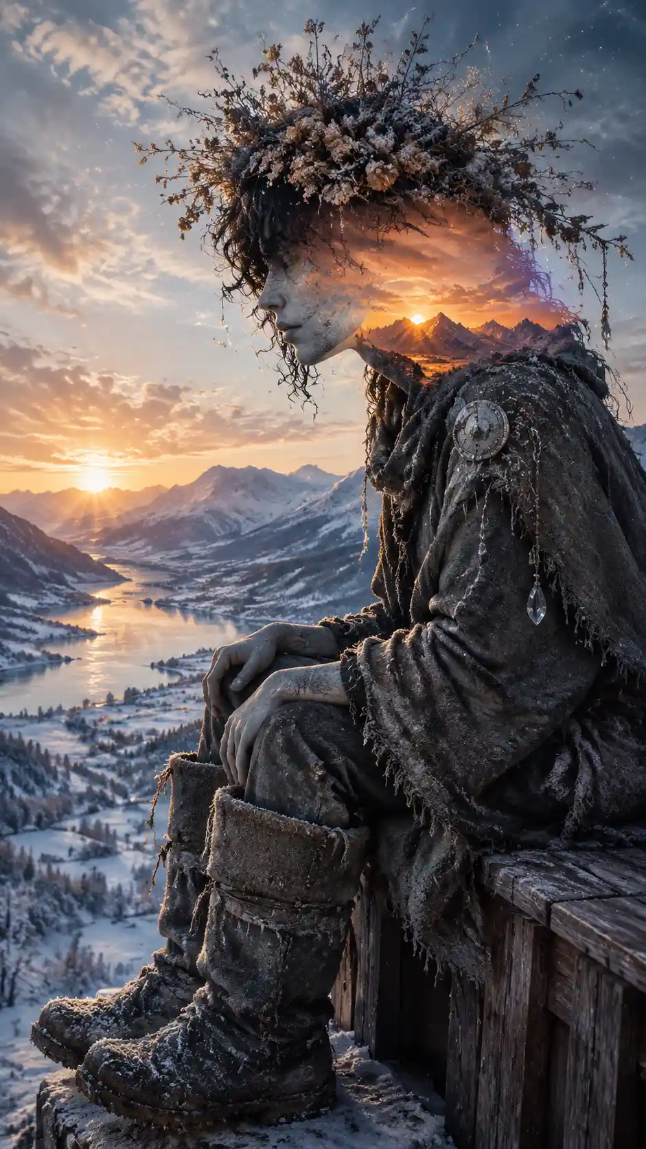 Fantasy woman in tattered cloak above a frozen valley