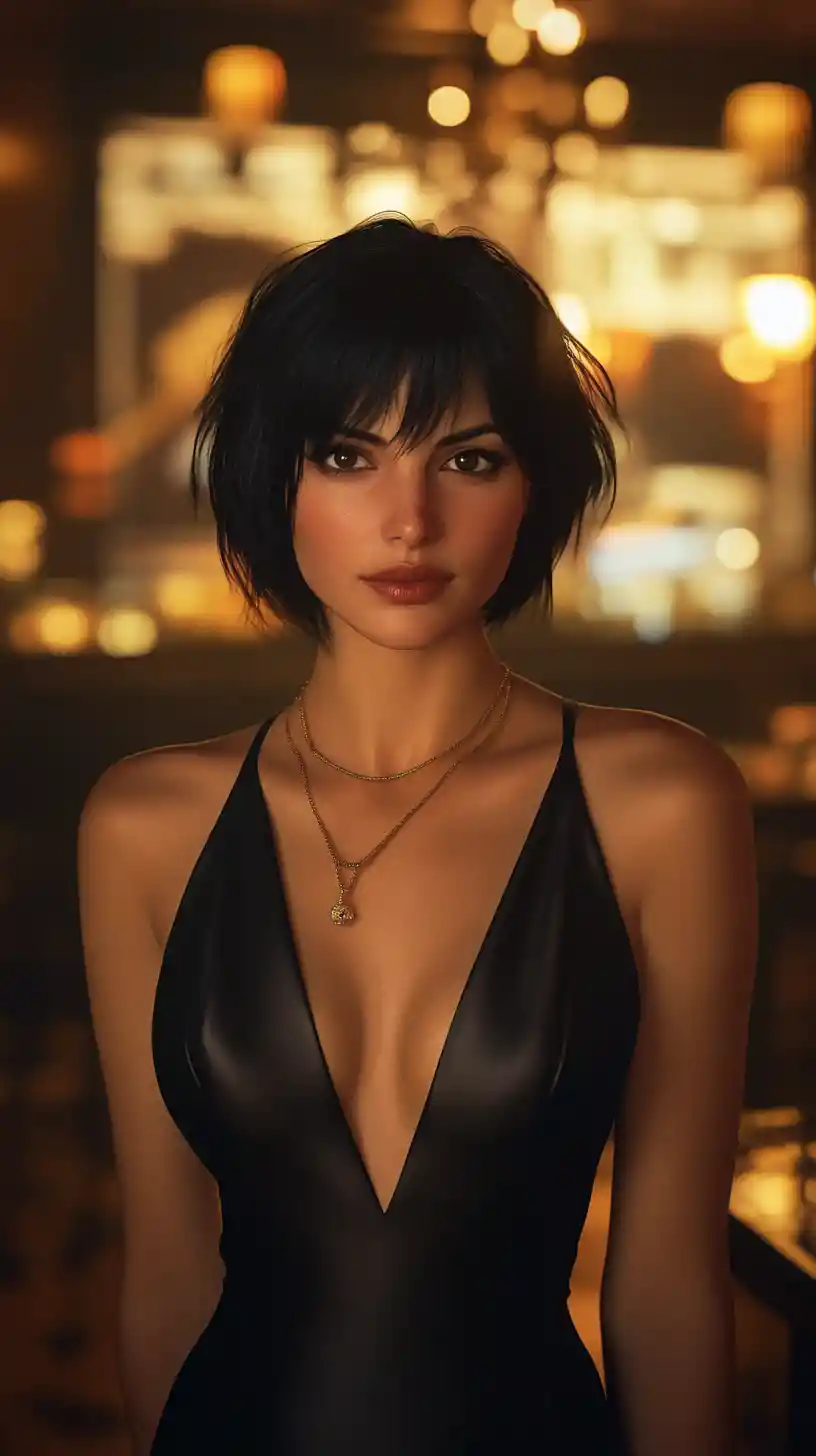 Cinematic portrait of a woman in a black silk slip dress
