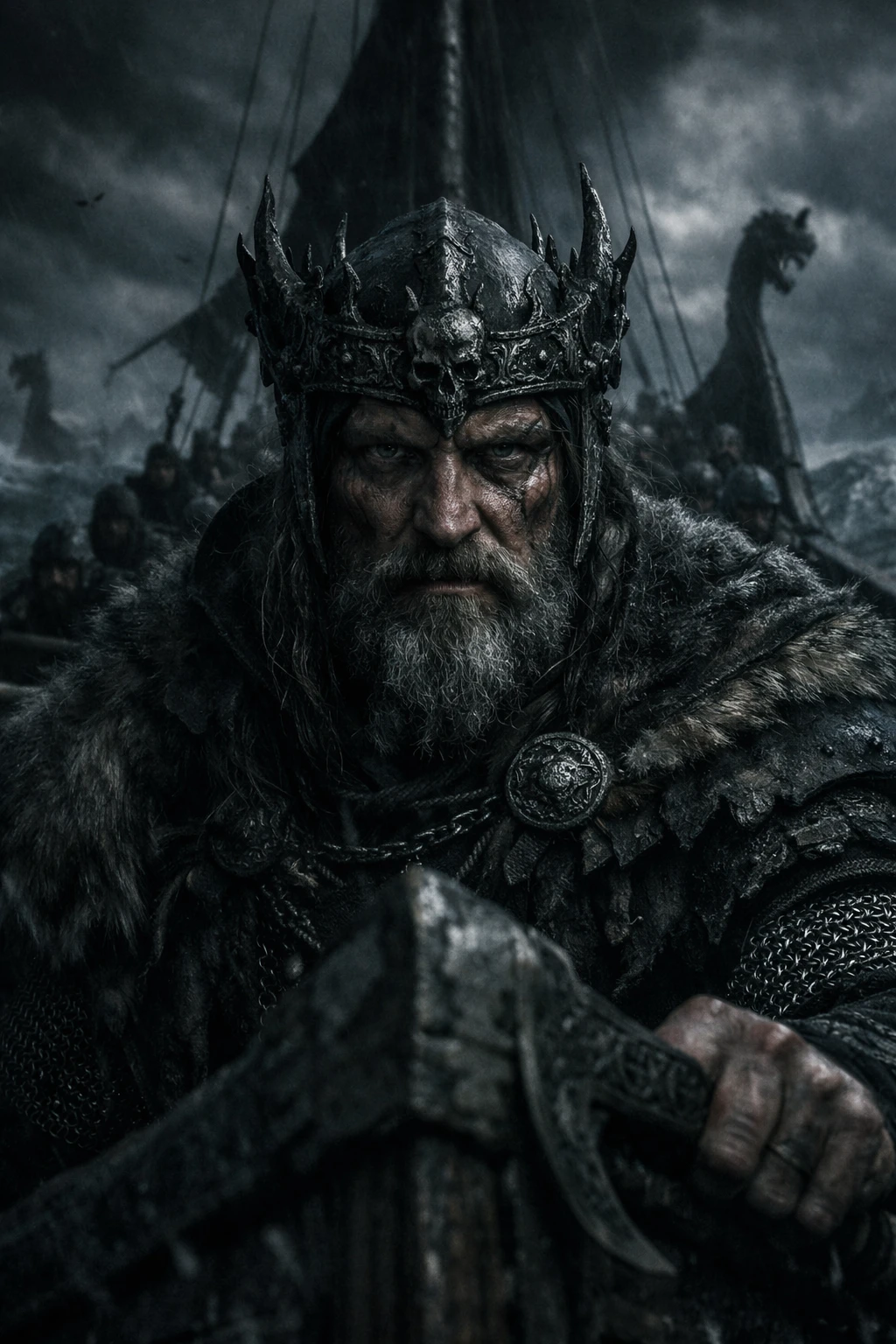 Viking king at the bow of a ship in stormy seas