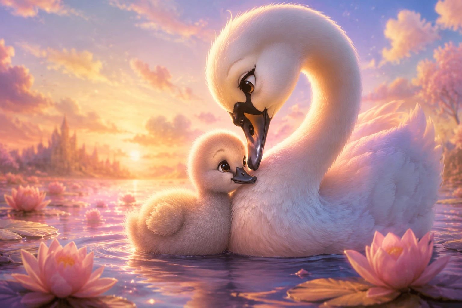 Baby swan cuddling with mother on a pastel lake