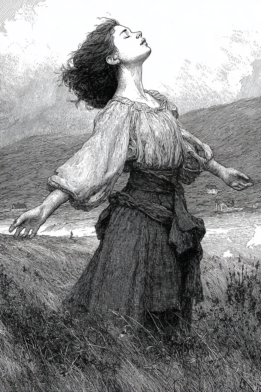 Chica de las Highlands entre brezos azotados por el viento – ilustración en grabado