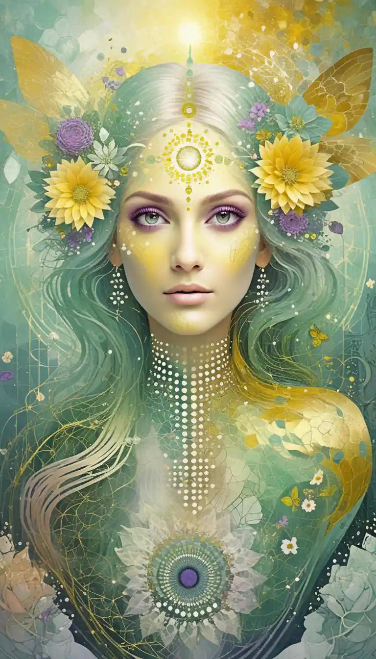 Fantasy woman with flowers in golden harmonic aura