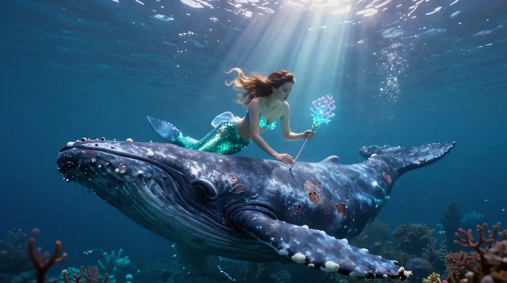 Mermaid healer caring for an injured humpback whale underwater