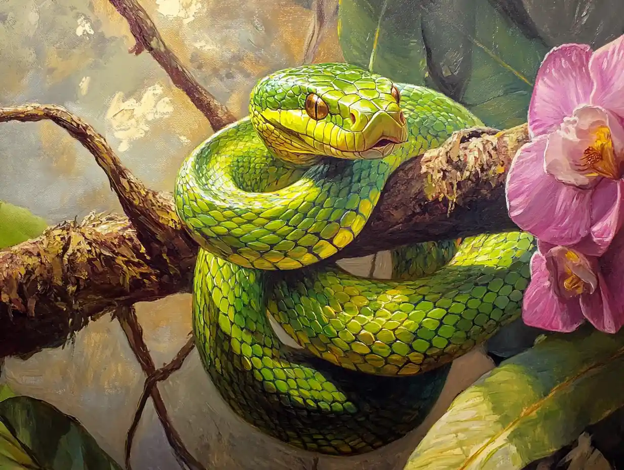 Mamba verde avvolto su un ramo della giungla in un dipinto a olio