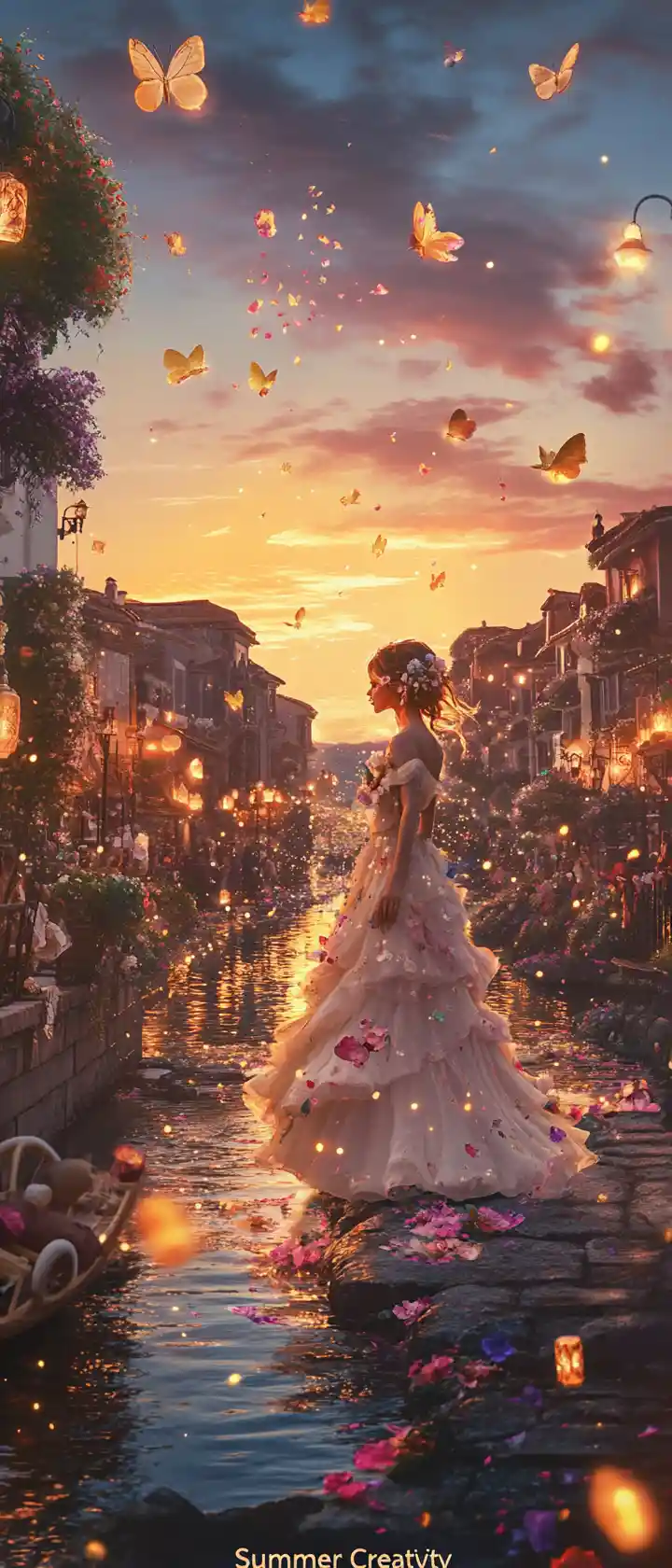 Young woman on a glowing bridge in a magical summer town