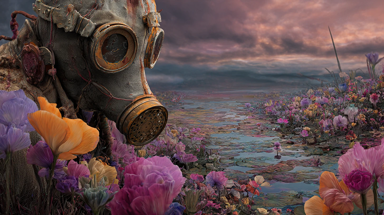 Surreal humanoid in dystopian toxic landscape with gas mask