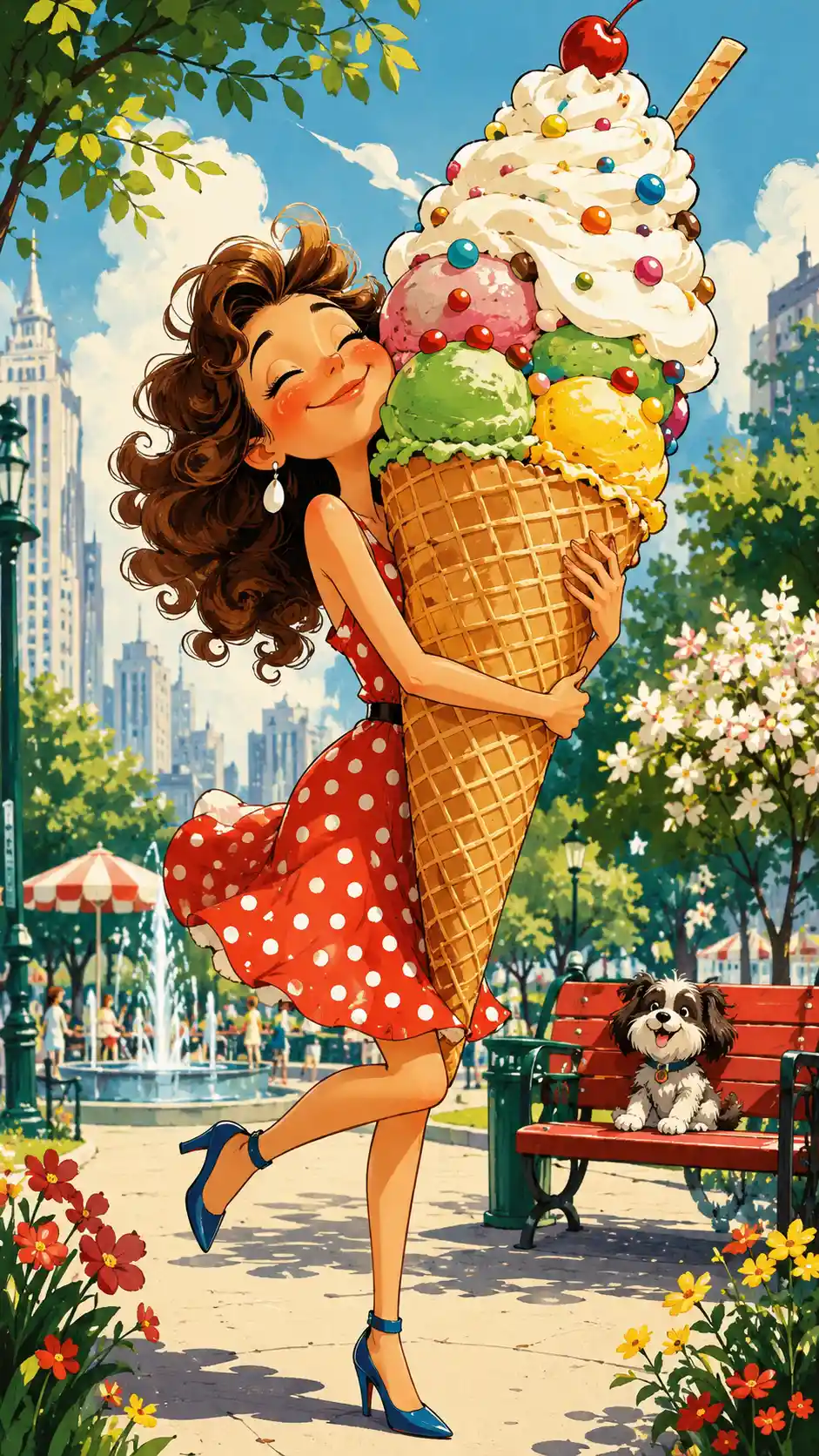 Smiling woman hugging a giant summer ice cream cone