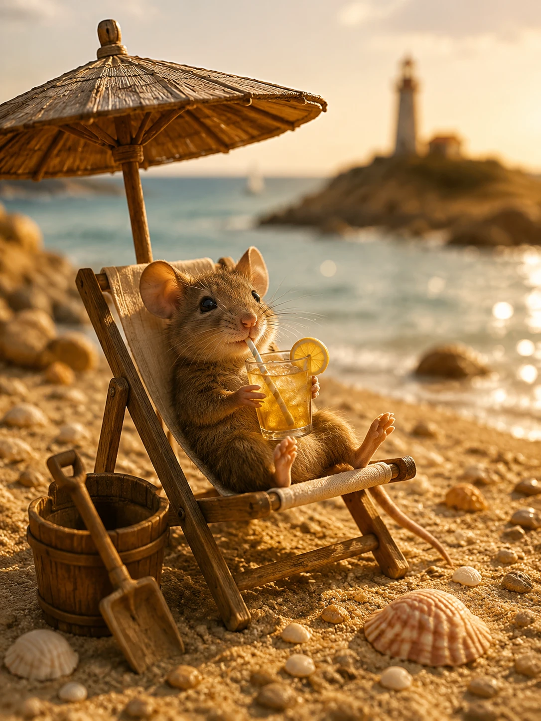 Whimsical beach mouse sunbathing with drink under wooden umbrella
