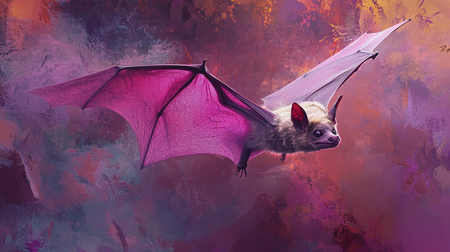 Surreal fine art illustration of a pink bat in flight